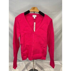 NEW The Drop Women's Anya Fitted Rib Cardigan Sweater in Hot Pink size M